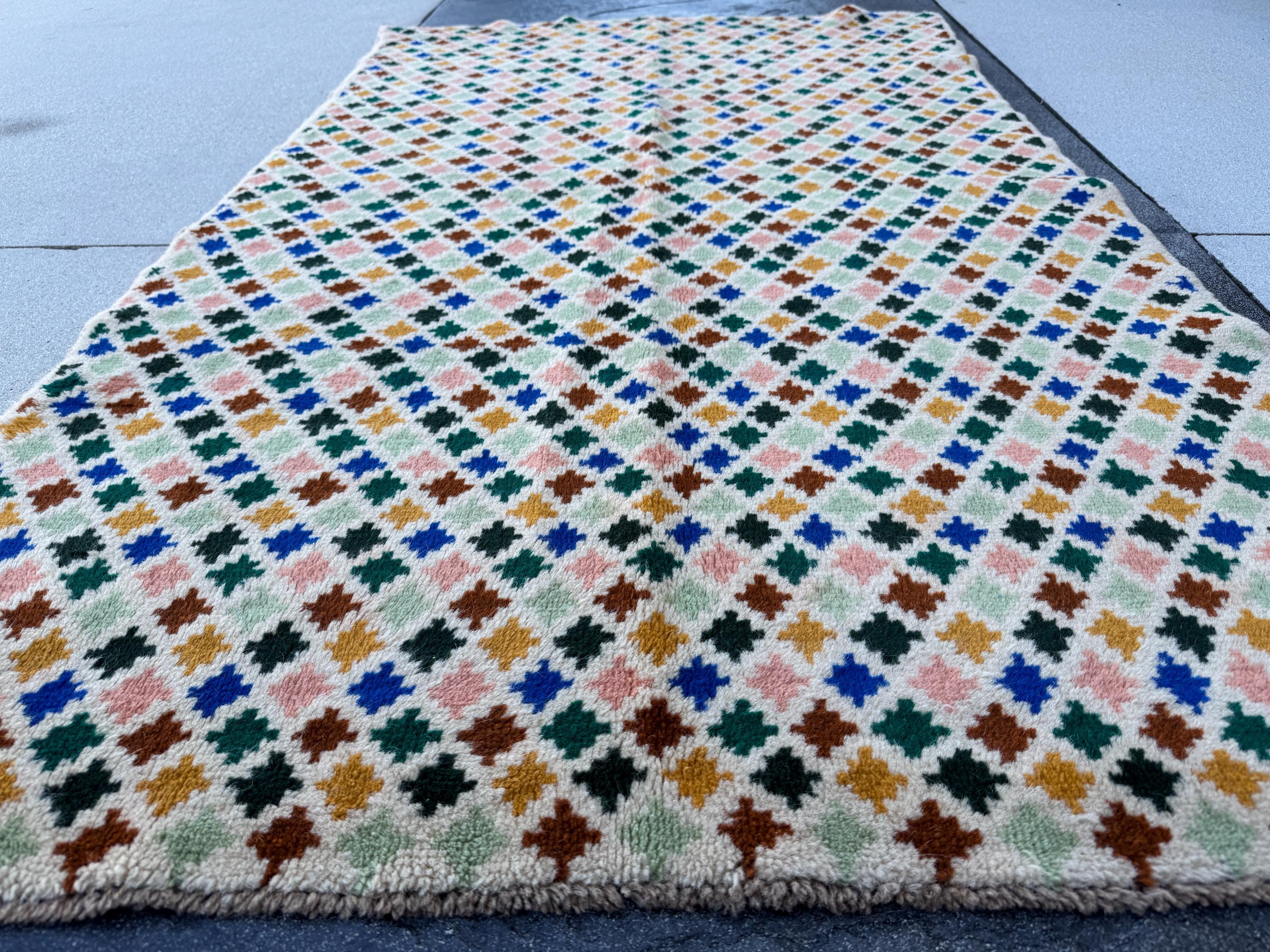4x7 Handmade Vintage Afghan Baluch Rug | Cream White Forest Pine Mint Green Peach Copper Brown Navy Blue Mustard Gold Yellow | Flatwoven