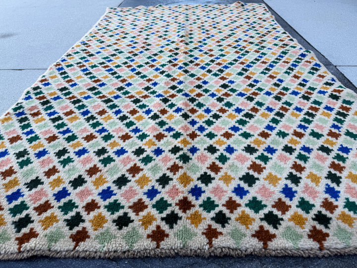 4x7 Handmade Vintage Afghan Baluch Rug | Cream White Forest Pine Mint Green Peach Copper Brown Navy Blue Mustard Gold Yellow | Flatwoven