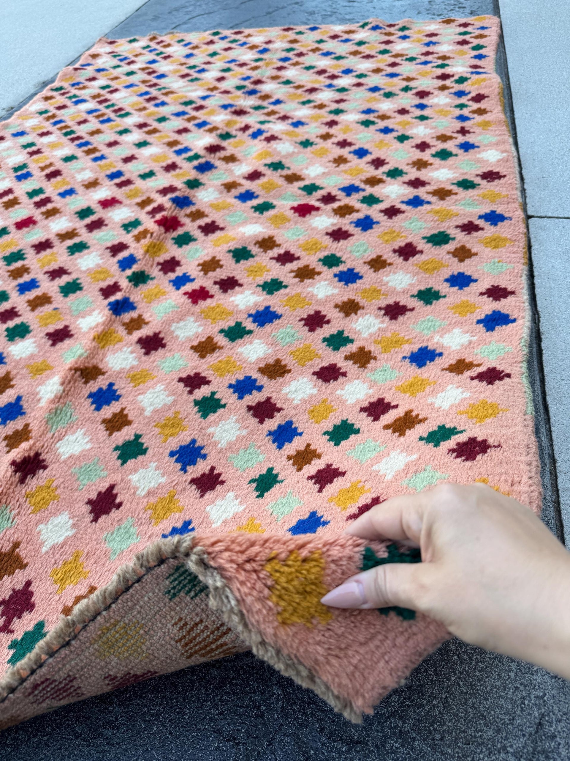 4x6 Handmade Vintage Afghan Baluch Rug | Peach Salmon Pink Forest Mint Green Brick Red Mustard Yellow White Copper Brown Navy Blue | Wool