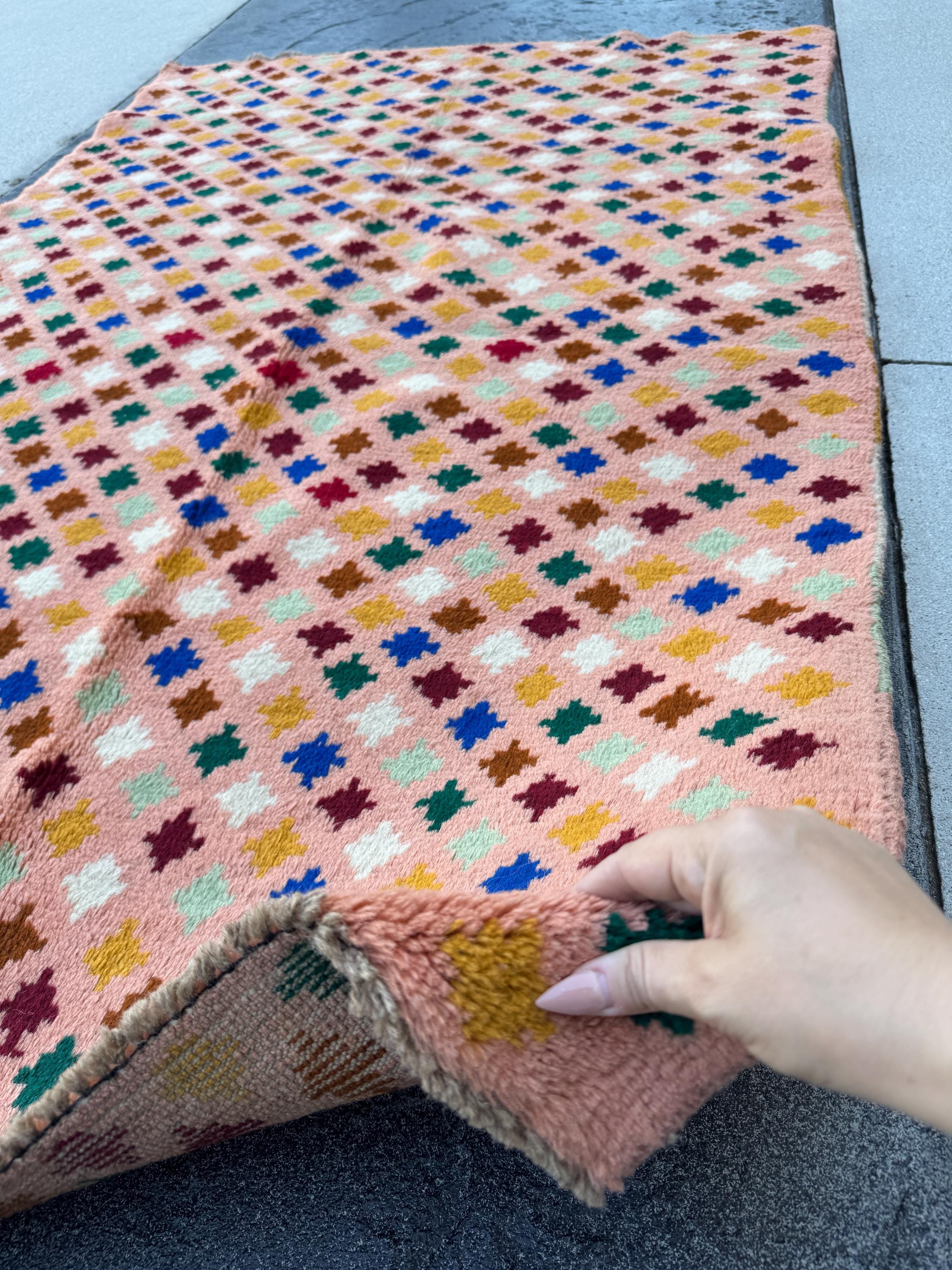 4x6 Handmade Vintage Afghan Baluch Rug | Peach Salmon Pink Forest Mint Green Brick Red Mustard Yellow White Copper Brown Navy Blue | Wool