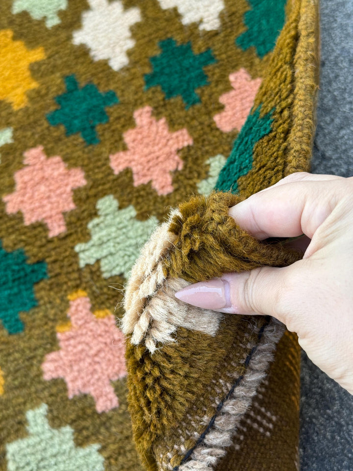 4x6 Handmade Vintage Afghan Baluch Rug | Olive Forest Mint Green Salmon Pink Peach Mustard Gold Cream White Navy Blue | Wool Flatwoven