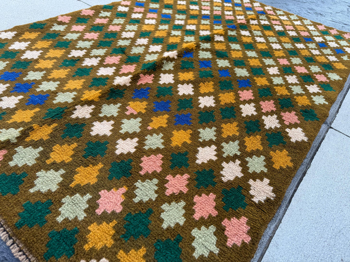 4x6 Handmade Vintage Afghan Baluch Rug | Olive Forest Mint Green Salmon Pink Peach Mustard Gold Cream White Navy Blue | Wool Flatwoven