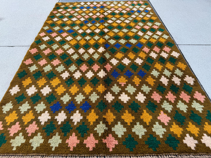 4x6 Handmade Vintage Afghan Baluch Rug | Olive Forest Mint Green Salmon Pink Peach Mustard Gold Cream White Navy Blue | Wool Flatwoven