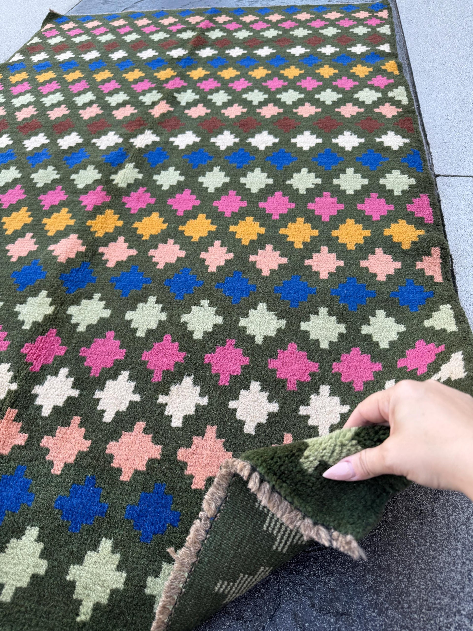4x6 Handmade Vintage Afghan Baluch Rug | Charcoal Grey Navy Blue Salmon Rose Pink Peach Mint Green Mustard Gold Chocolate Brown White | Wool