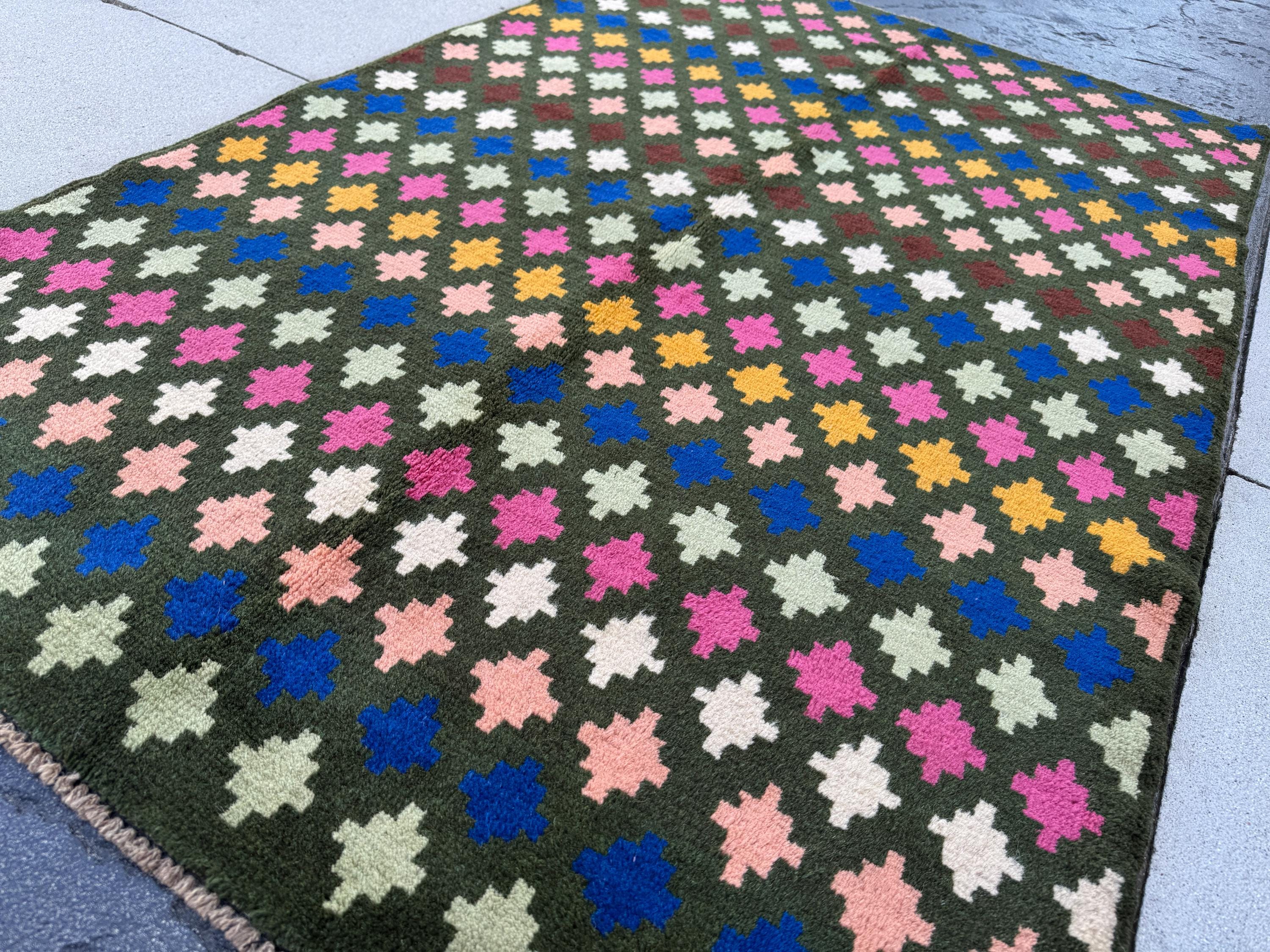 4x6 Handmade Vintage Afghan Baluch Rug | Charcoal Grey Navy Blue Salmon Rose Pink Peach Mint Green Mustard Gold Chocolate Brown White | Wool