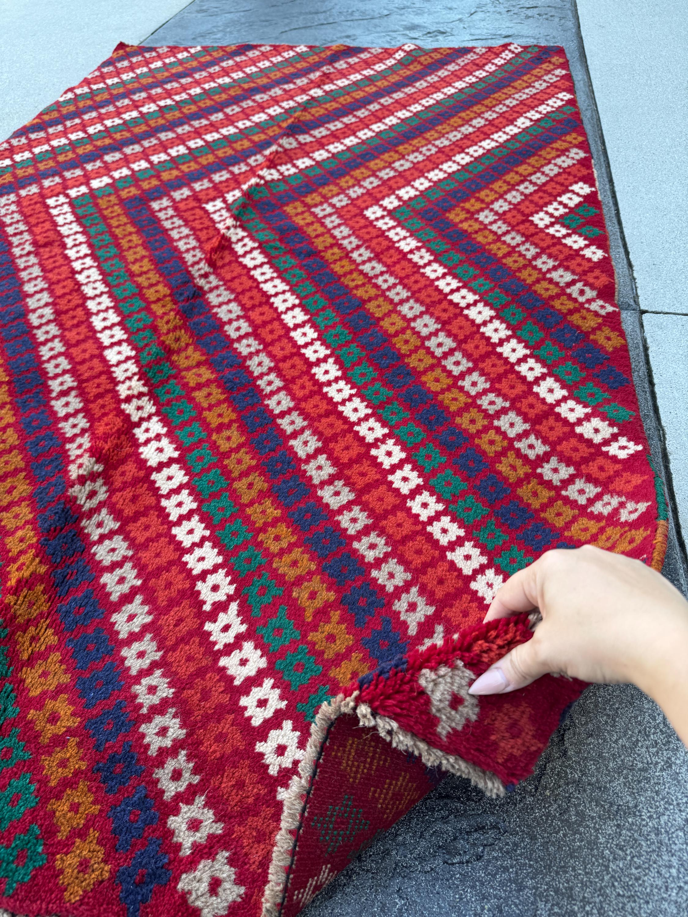 4x6 Handmade Vintage Afghan Baluch Rug | Brick Red Copper Brown White Light Grey Burnt Orange Pine Green Midnight Blue | Wool Flatwoven