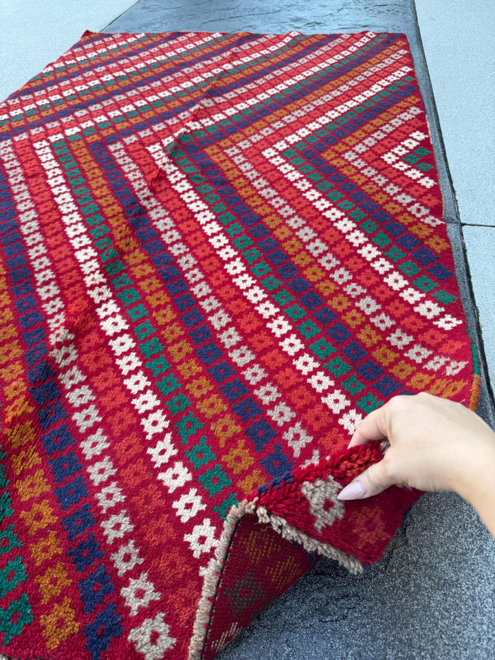 4x6 Handmade Vintage Afghan Baluch Rug | Brick Red Copper Brown White Light Grey Burnt Orange Pine Green Midnight Blue | Wool Flatwoven