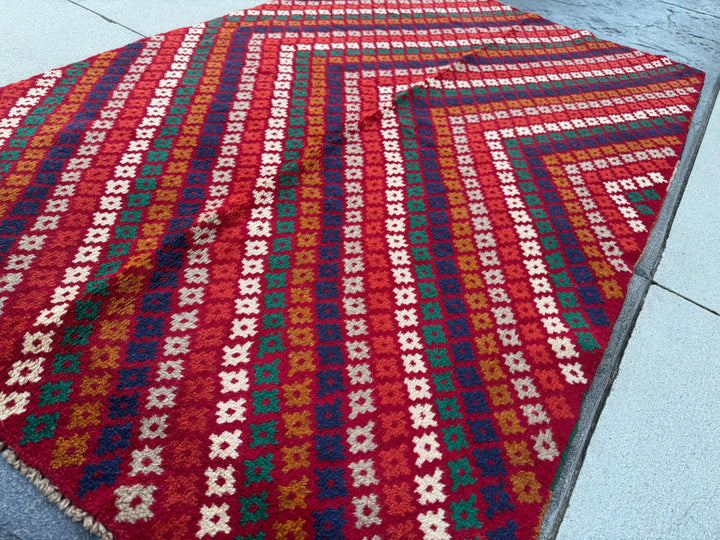 4x6 Handmade Vintage Afghan Baluch Rug | Brick Red Copper Brown White Light Grey Burnt Orange Pine Green Midnight Blue | Wool Flatwoven