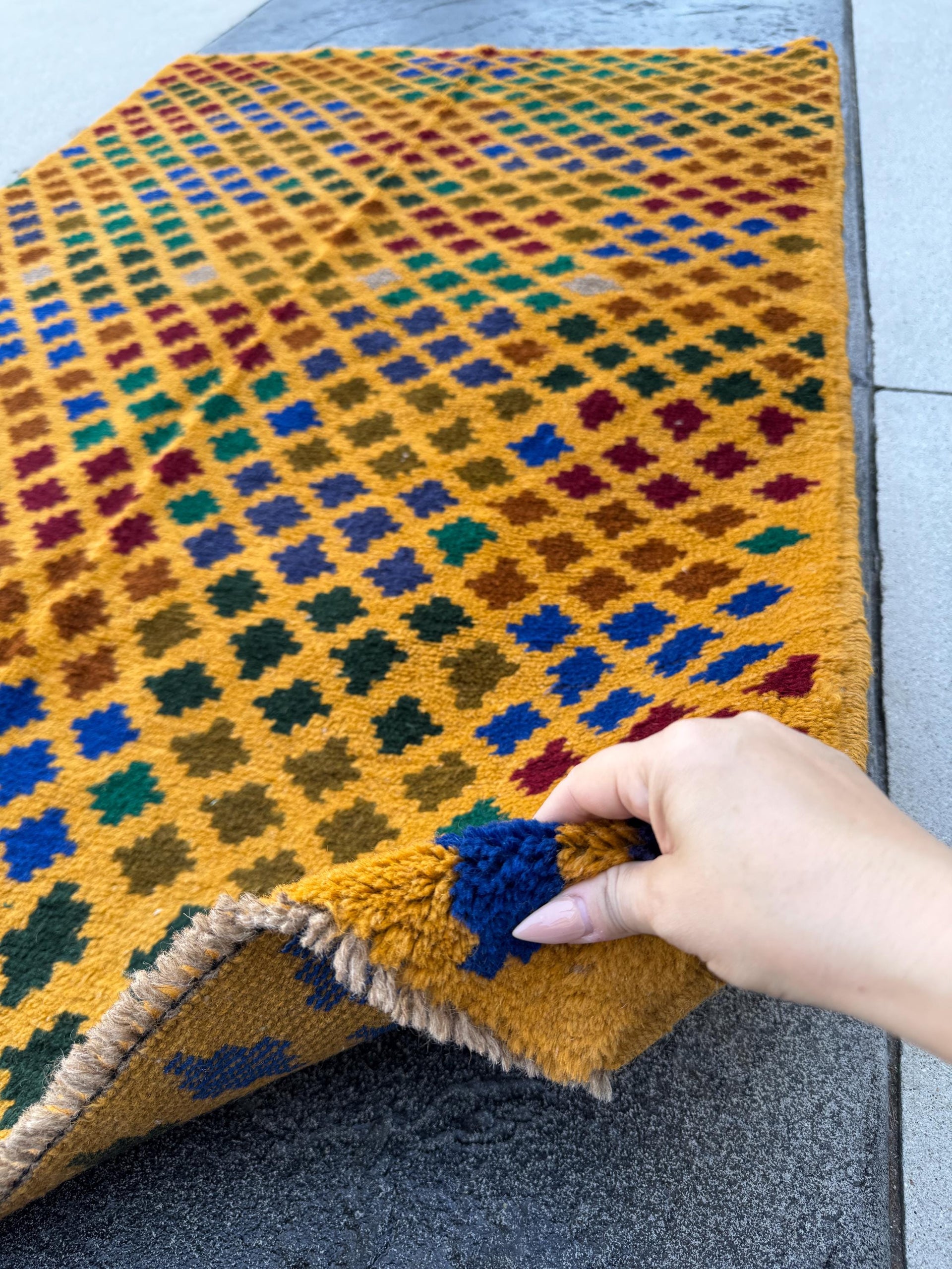 4x6 Handmade Vintage Afghan Baluch Rug | Mustard Gold Pine Forest Olive Green Copper Brown Navy Blue Light Grey Brick Red | Wool Flatwoven