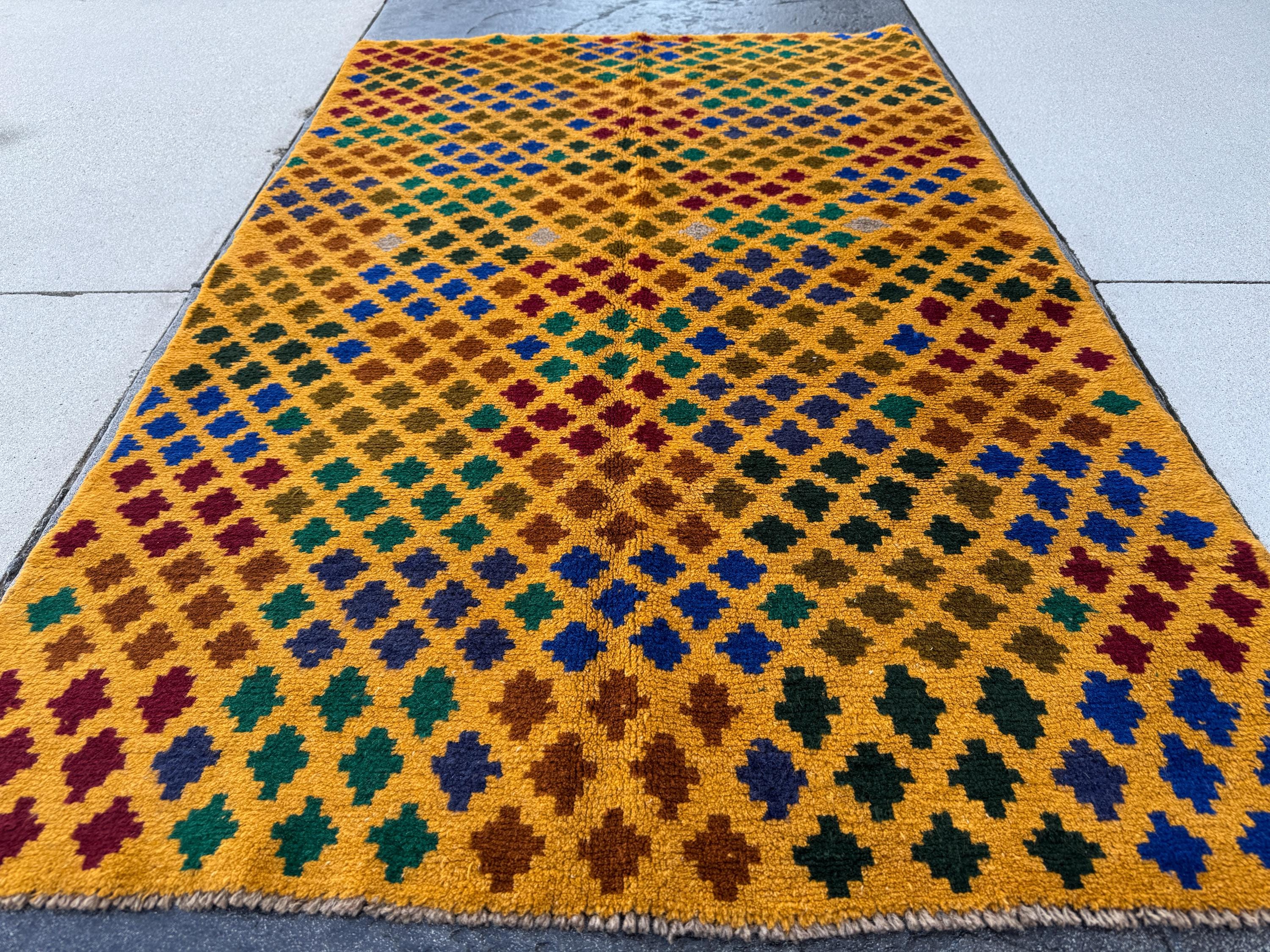 4x6 Handmade Vintage Afghan Baluch Rug | Mustard Gold Pine Forest Olive Green Copper Brown Navy Blue Light Grey Brick Red | Wool Flatwoven