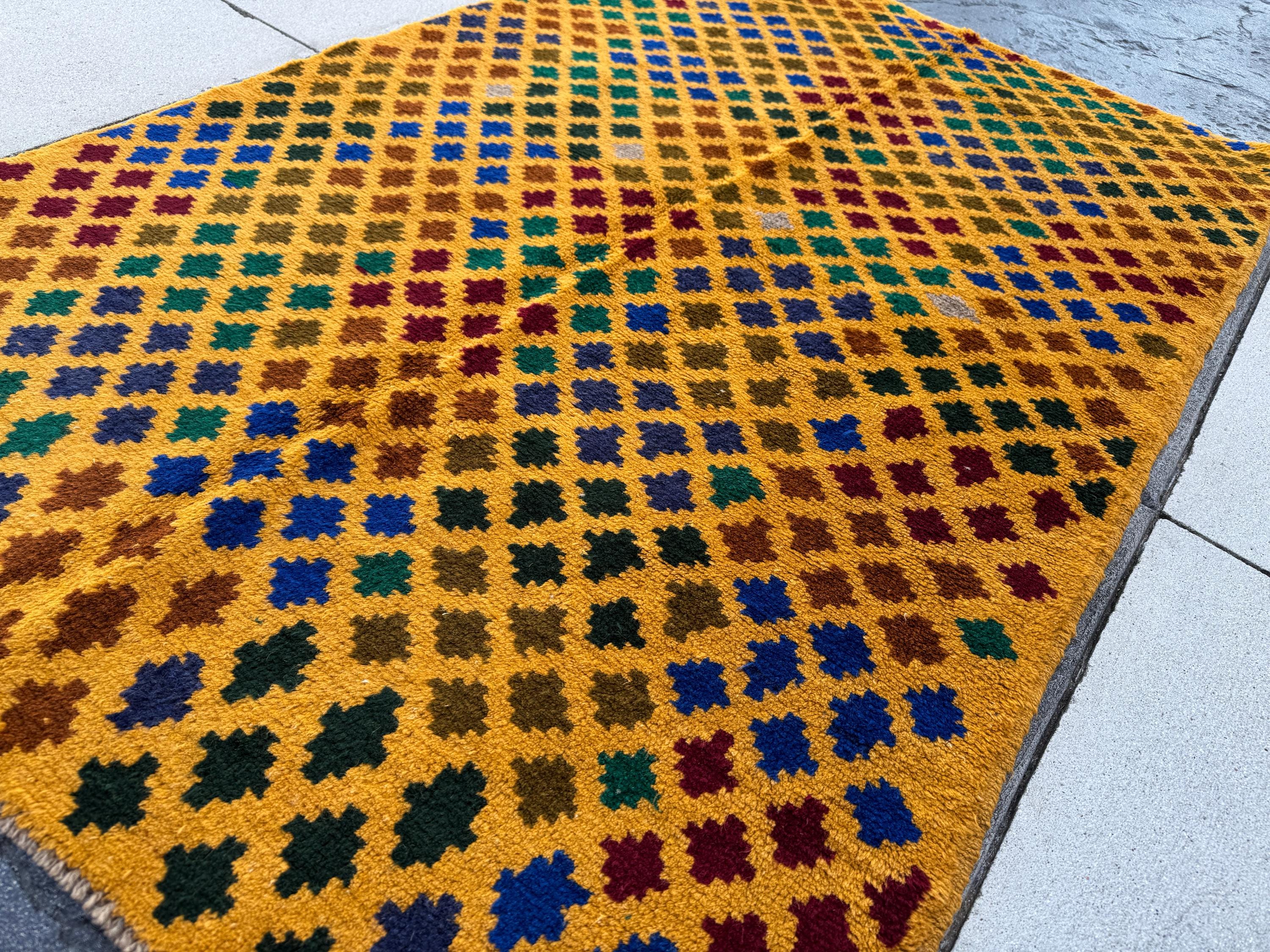 4x6 Handmade Vintage Afghan Baluch Rug | Mustard Gold Pine Forest Olive Green Copper Brown Navy Blue Light Grey Brick Red | Wool Flatwoven