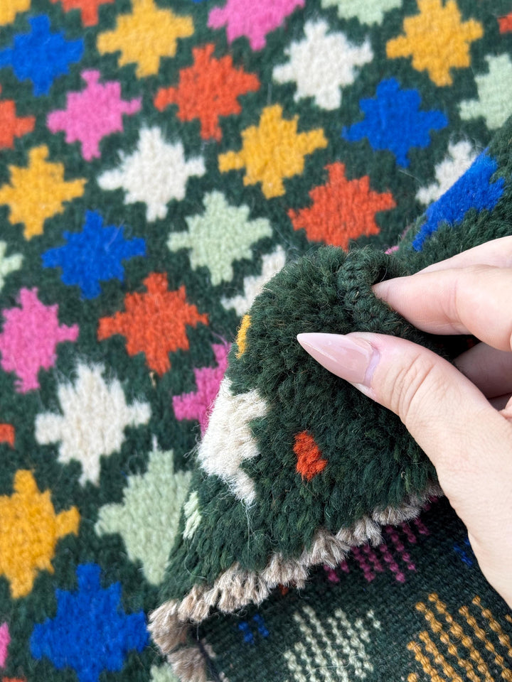 4x6 Handmade Vintage Afghan Baluch Rug | Charcoal Grey Navy Blue Burnt Orange Mint Green Rose Pink Mustard Gold White | Wool Flatwoven