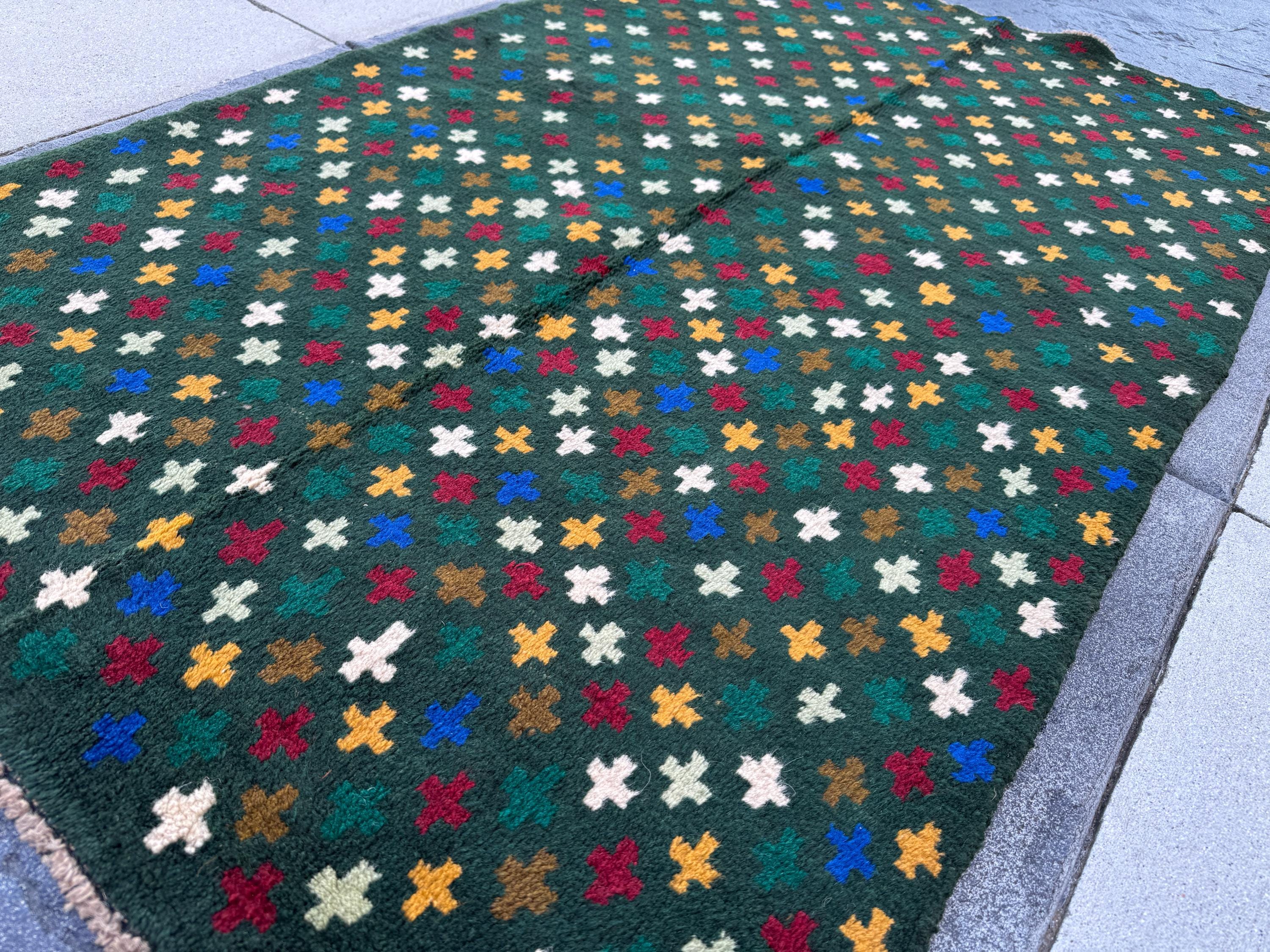 4x6 Handmade Vintage Afghan Baluch Rug | Pine Forest Mint Olive Green Mustard Gold White Brick Red Navy Blue | Wool Flatwoven