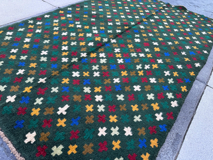 4x6 Handmade Vintage Afghan Baluch Rug | Pine Forest Mint Olive Green Mustard Gold White Brick Red Navy Blue | Wool Flatwoven