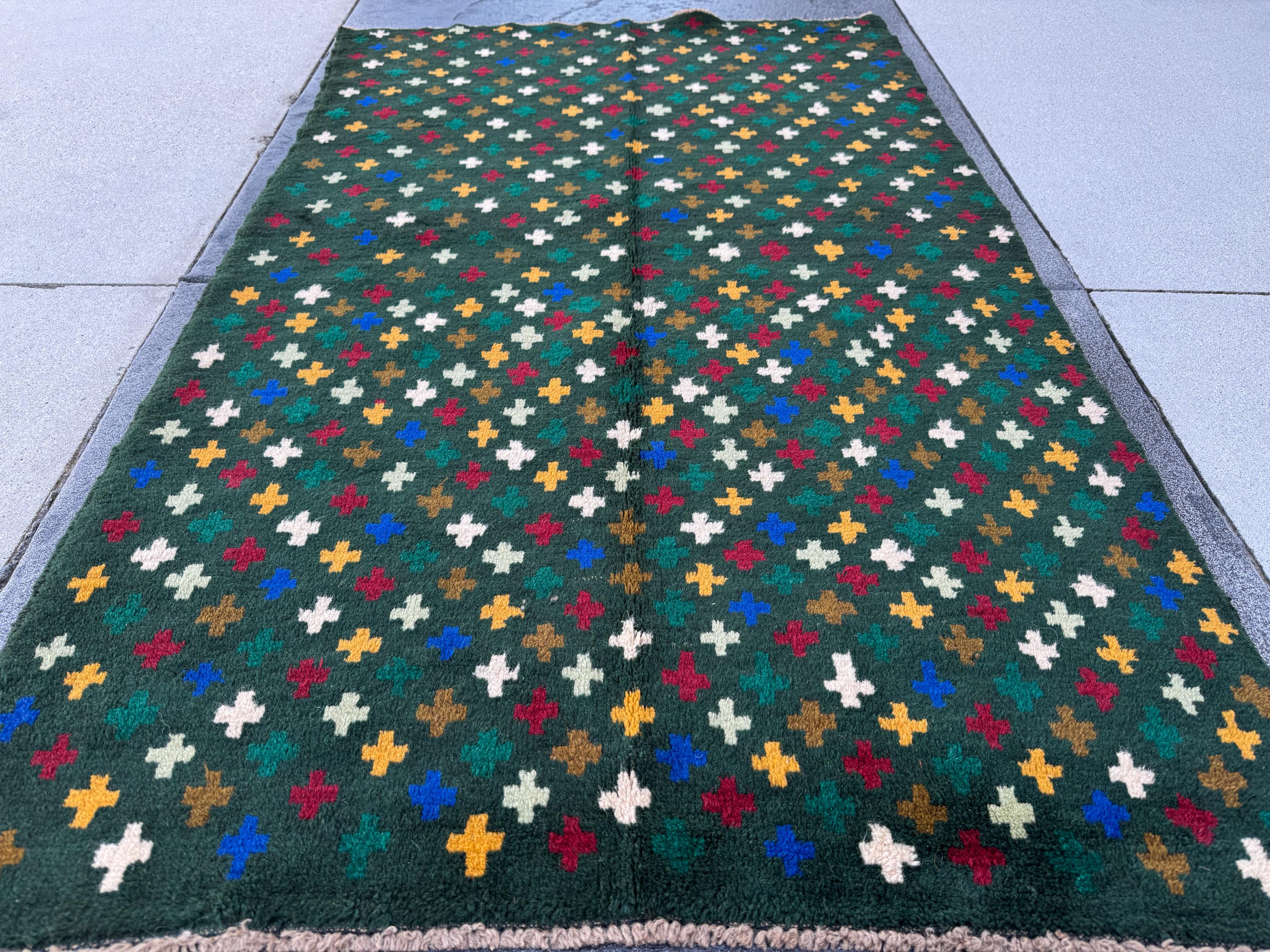 4x6 Handmade Vintage Afghan Baluch Rug | Pine Forest Mint Olive Green Mustard Gold White Brick Red Navy Blue | Wool Flatwoven