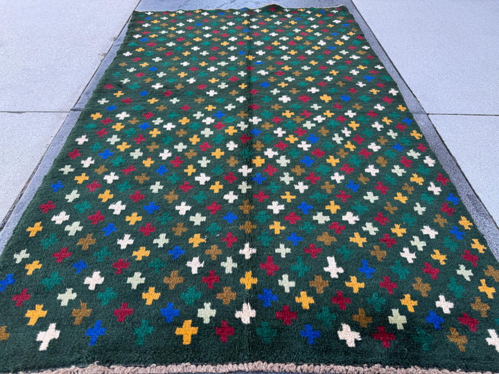4x6 Handmade Vintage Afghan Baluch Rug | Pine Forest Mint Olive Green Mustard Gold White Brick Red Navy Blue | Wool Flatwoven