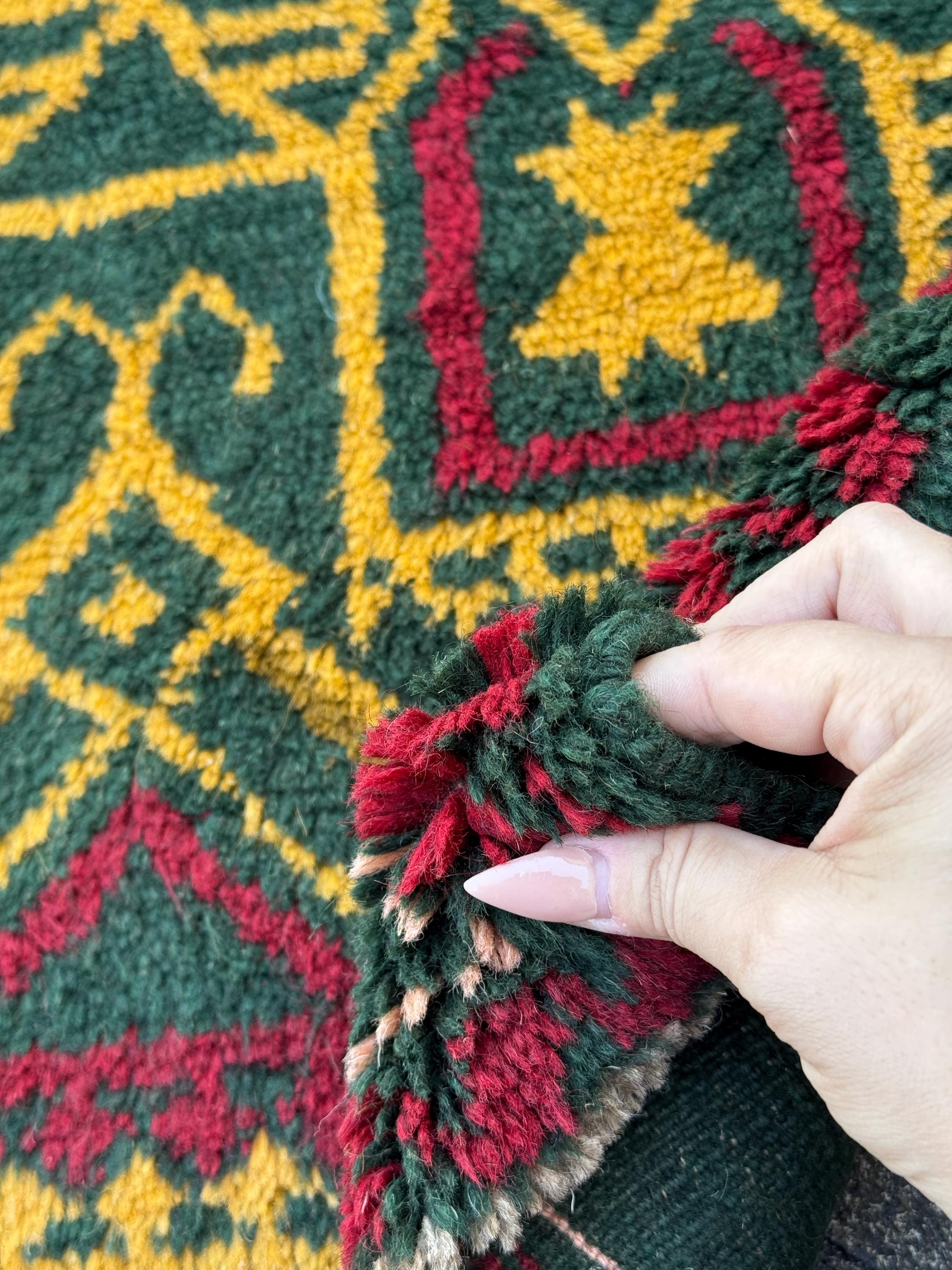 4x6 Handmade Vintage Afghan Baluch Rug | Pine Mint Forest Olive Green Mustard Gold Peach Navy Blue Brick Red Burnt Orange | Wool Flatwoven