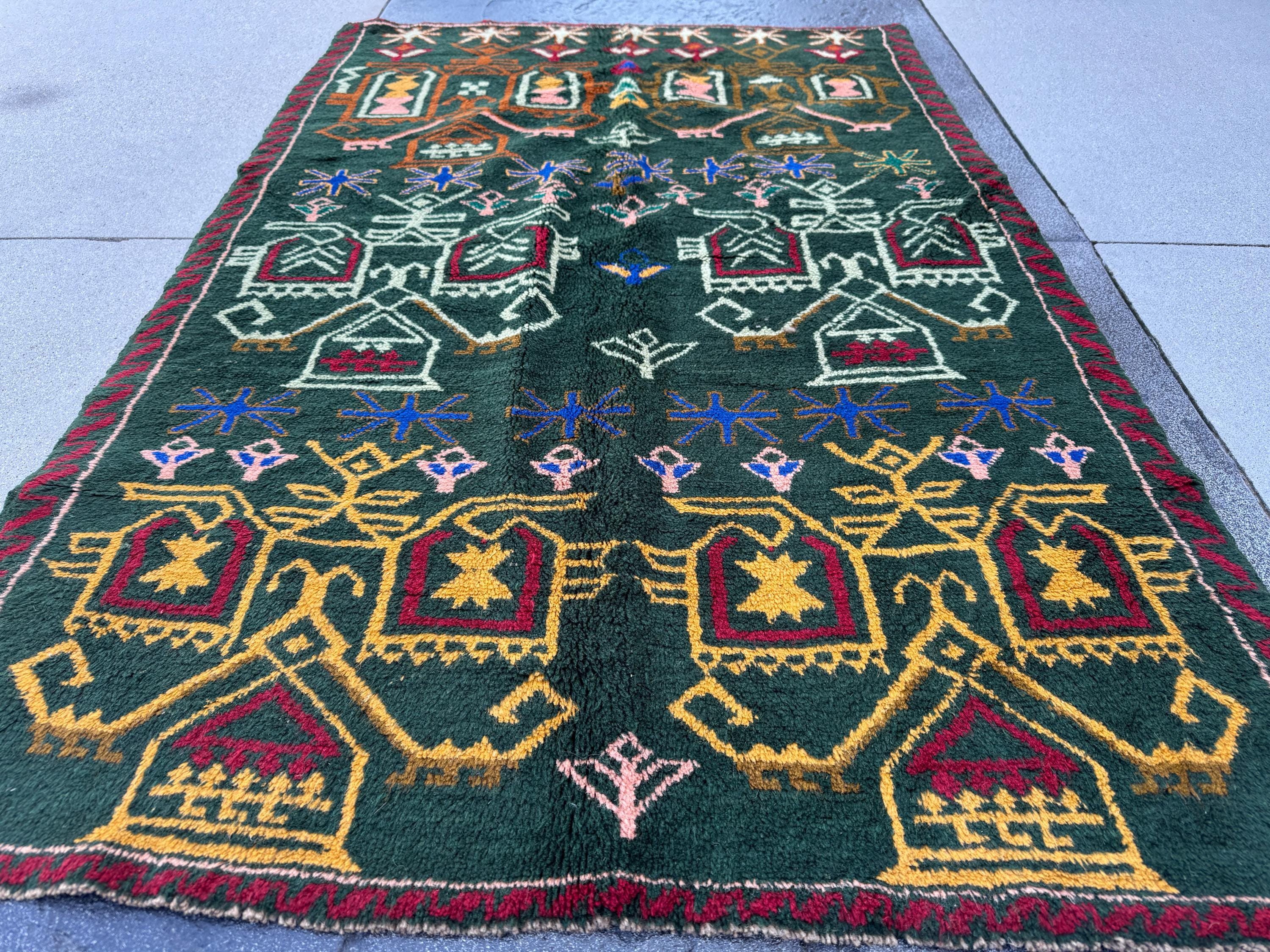 4x6 Handmade Vintage Afghan Baluch Rug | Pine Mint Forest Olive Green Mustard Gold Peach Navy Blue Brick Red Burnt Orange | Wool Flatwoven