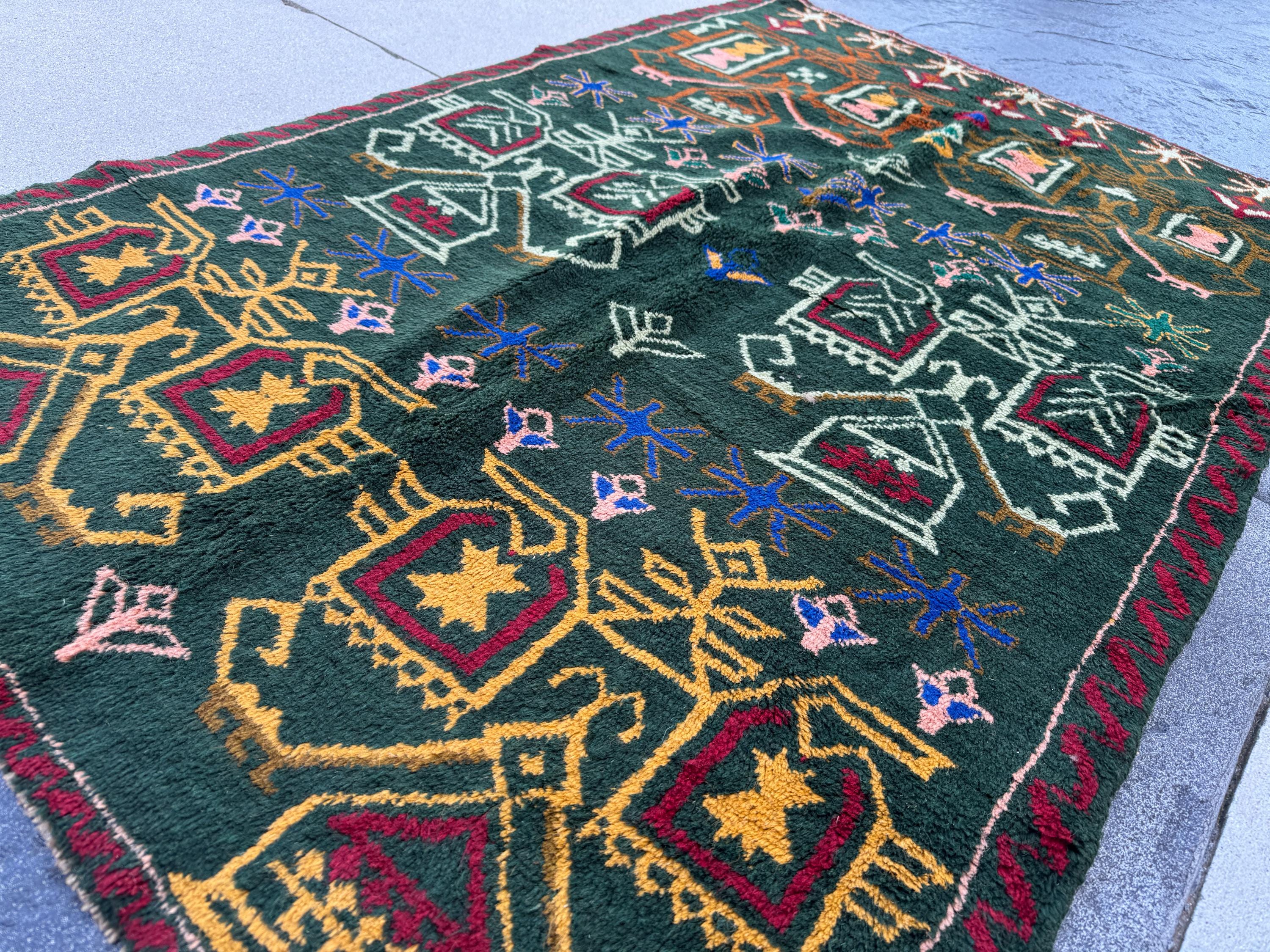 4x6 Handmade Vintage Afghan Baluch Rug | Pine Mint Forest Olive Green Mustard Gold Peach Navy Blue Brick Red Burnt Orange | Wool Flatwoven