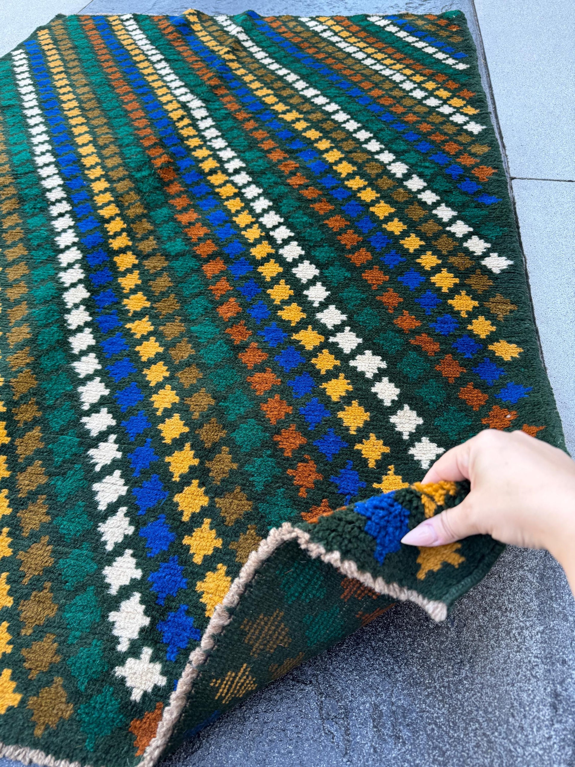 4x6 Handmade Vintage Afghan Baluch Rug | Pine Forest Olive Green Mustard Gold White Copper Brown Navy Blue | Wool Flatwoven