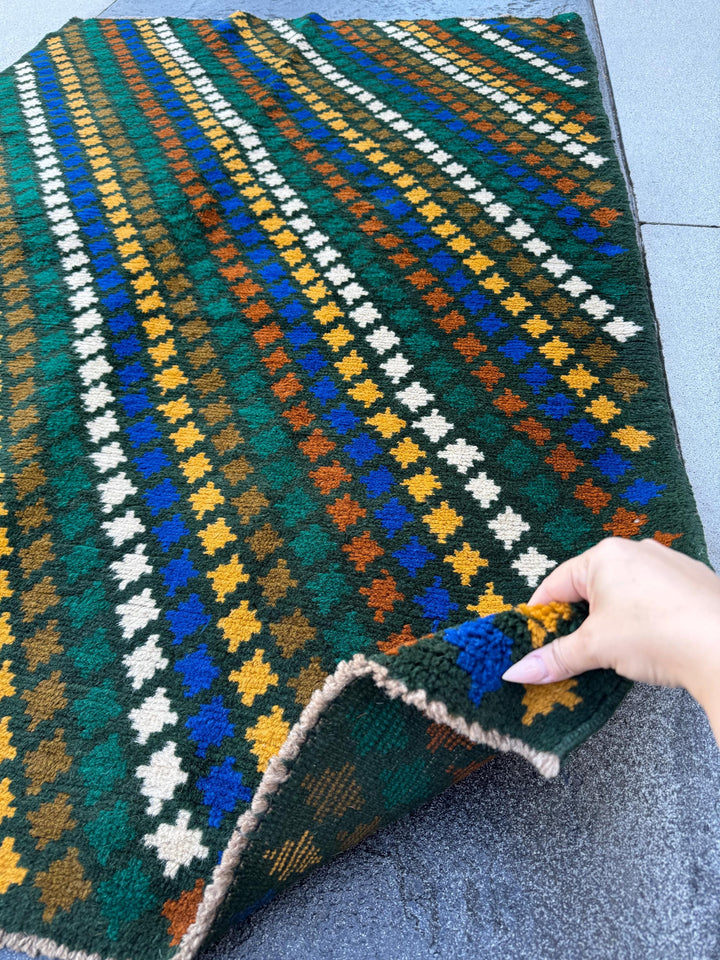 4x6 Handmade Vintage Afghan Baluch Rug | Pine Forest Olive Green Mustard Gold White Copper Brown Navy Blue | Wool Flatwoven