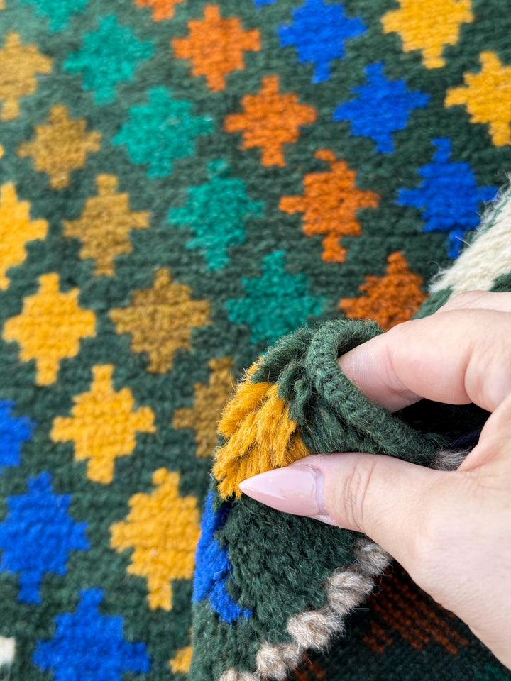 4x6 Handmade Vintage Afghan Baluch Rug | Pine Forest Olive Green Mustard Gold White Copper Brown Navy Blue | Wool Flatwoven