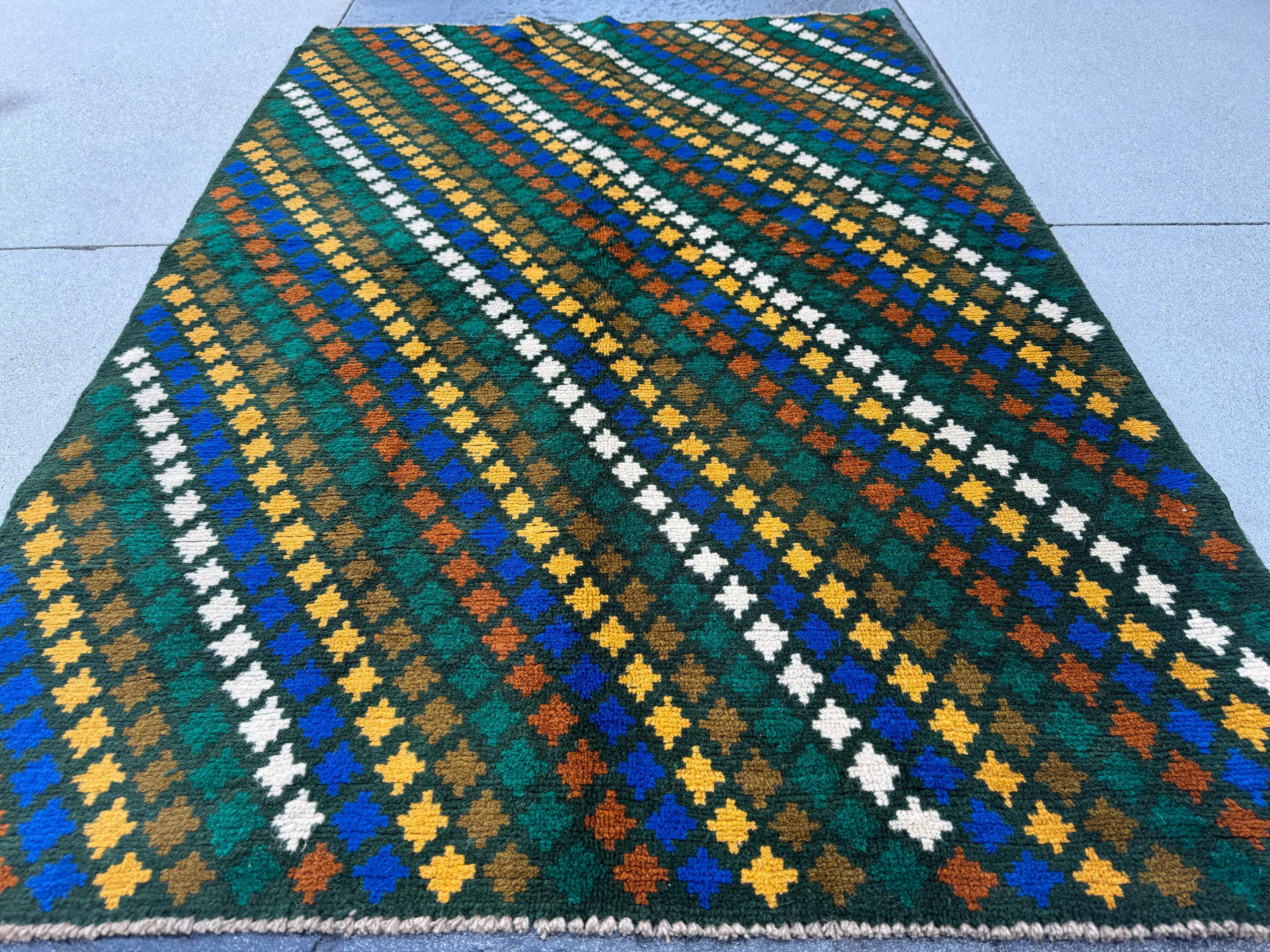 4x6 Handmade Vintage Afghan Baluch Rug | Pine Forest Olive Green Mustard Gold White Copper Brown Navy Blue | Wool Flatwoven