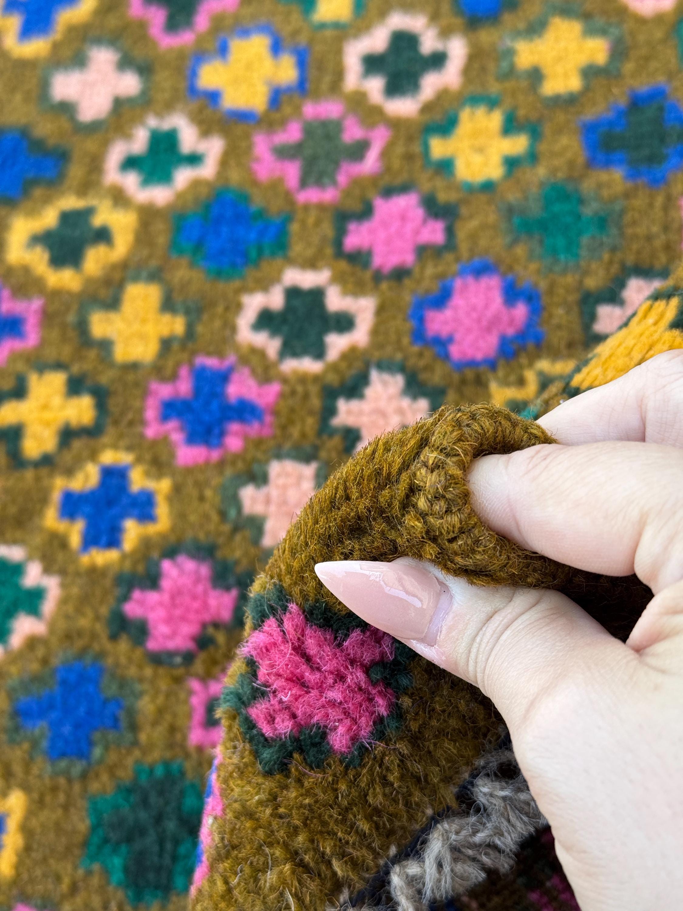 4x6 Handmade Vintage Afghan Baluch Rug | Olive Forest Pine Green Mustard Gold Navy Blue Rose Salmon Pink Peach Black | Wool Flatwoven