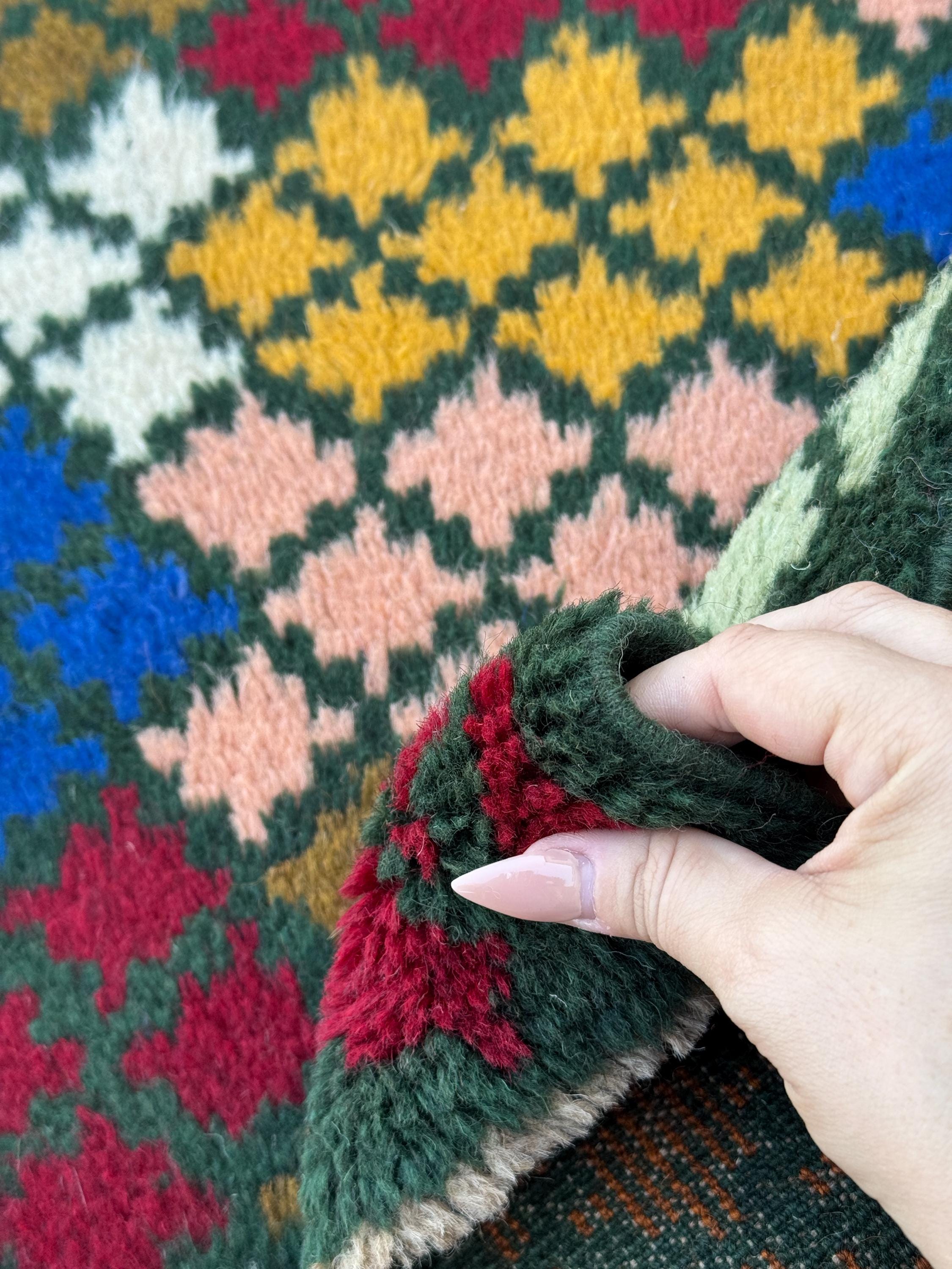 4x6 Handmade Vintage Afghan Baluch Rug | Pine Olive Mint Green Brick Red Navy Blue White Mustard Gold Burnt Orange Salmon Pink Peach | Wool
