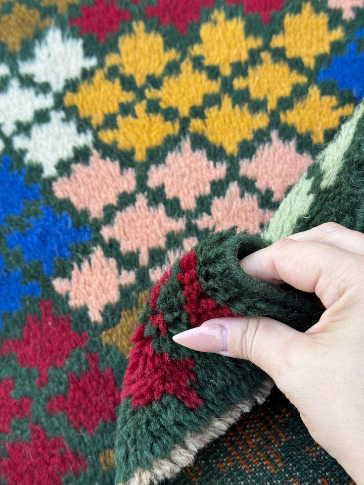 4x6 Handmade Vintage Afghan Baluch Rug | Pine Olive Mint Green Brick Red Navy Blue White Mustard Gold Burnt Orange Salmon Pink Peach | Wool