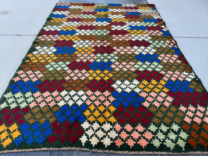 4x6 Handmade Vintage Afghan Baluch Rug | Pine Olive Mint Green Brick Red Navy Blue White Mustard Gold Burnt Orange Salmon Pink Peach | Wool