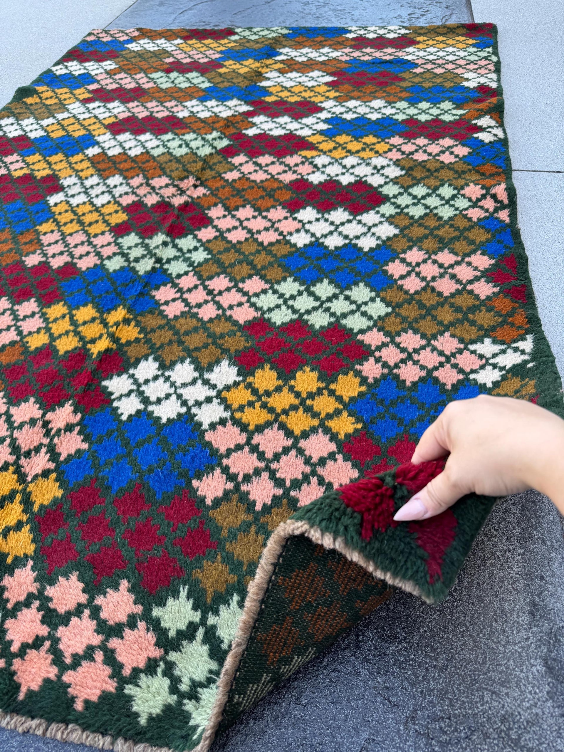 4x6 Handmade Vintage Afghan Baluch Rug | Pine Olive Mint Green Brick Red Navy Blue White Mustard Gold Burnt Orange Salmon Pink Peach | Wool