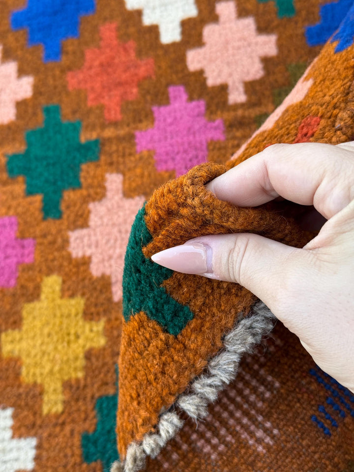 4x6 Handmade Vintage Afghan Baluch Rug | Chocolate Brown Burnt Orange Rose Salmon Pink Peach White Forest Olive Green Mustard Gold Navy Blue