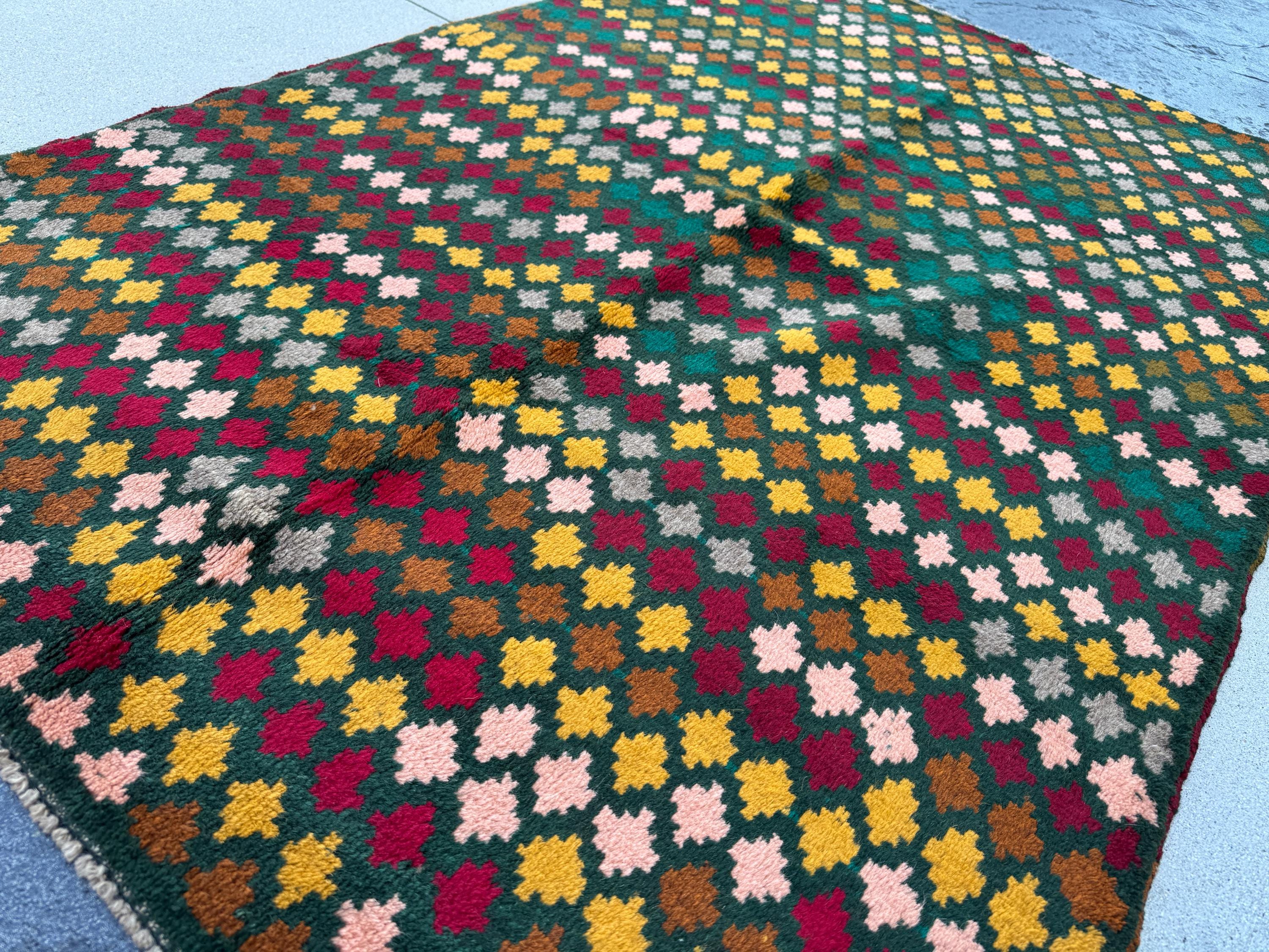4x6 Handmade Vintage Afghan Baluch Rug | Pine Forest Green Mustard Gold Chocolate Brown Salmon Pink Peach Brick Red Grey | Wool Flatwoven