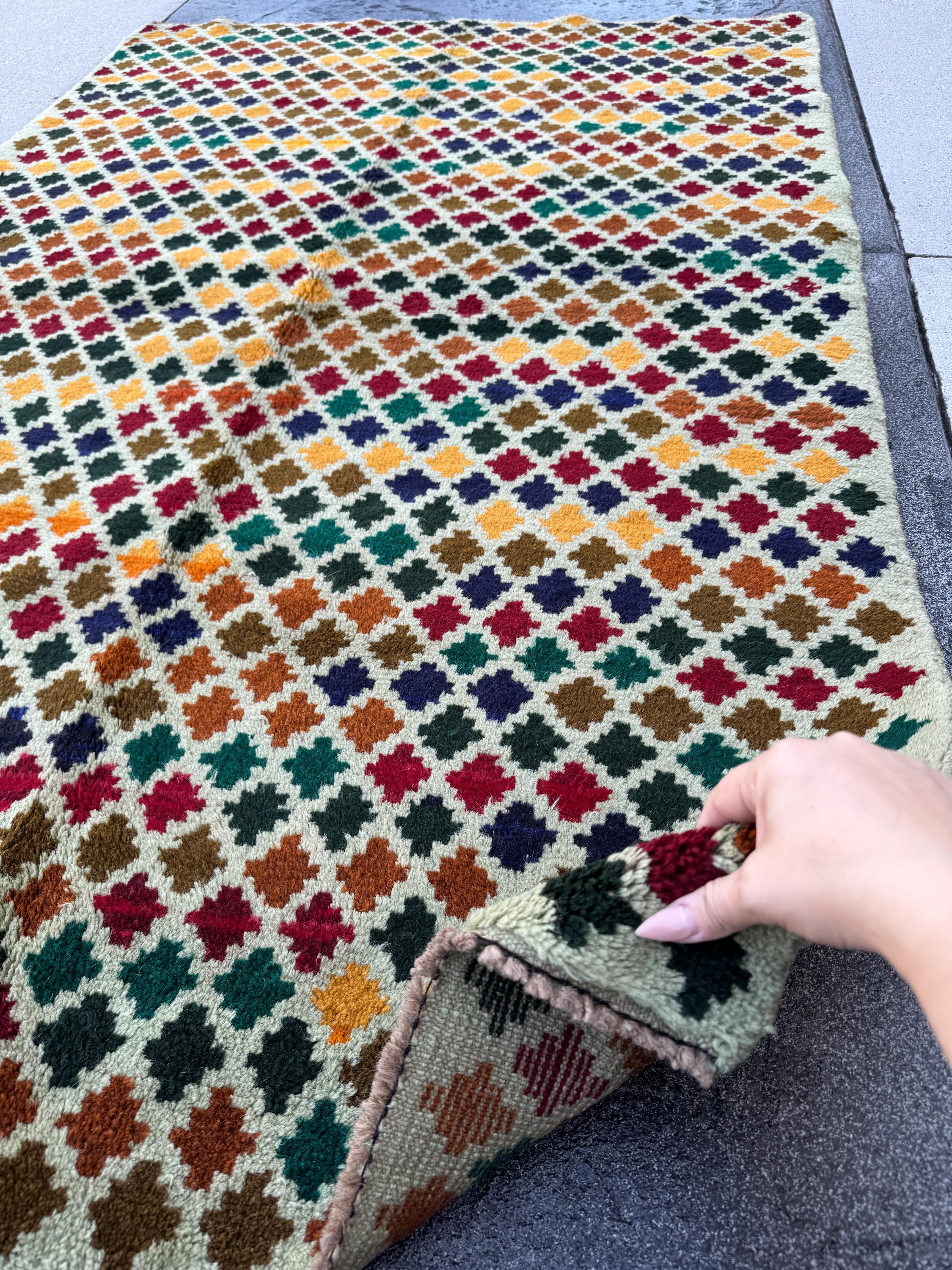 4x6 Handmade Vintage Afghan Baluch Rug | Cream White Forest Green Chocolate Copper Brown Brick Red Mustard Gold Midnight Blue Burnt Orange