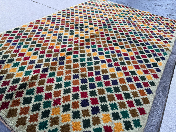 4x6 Handmade Vintage Afghan Baluch Rug | Cream White Forest Green Chocolate Copper Brown Brick Red Mustard Gold Midnight Blue Burnt Orange
