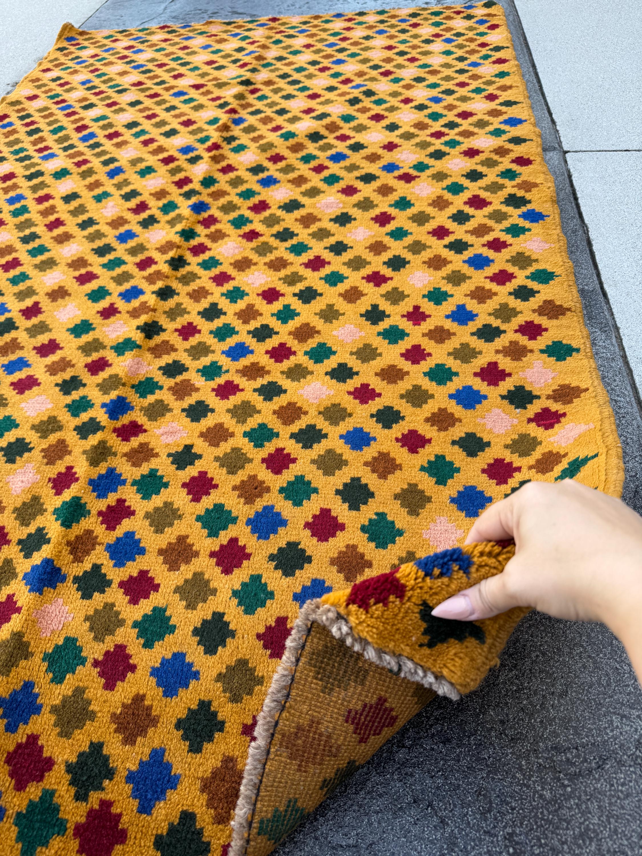 4x6 Handmade Vintage Afghan Baluch Rug | Mustard Gold Salmon Pink Peach Navy Blue Brick Red Forest Olive Green Copper Brown Black | Wool