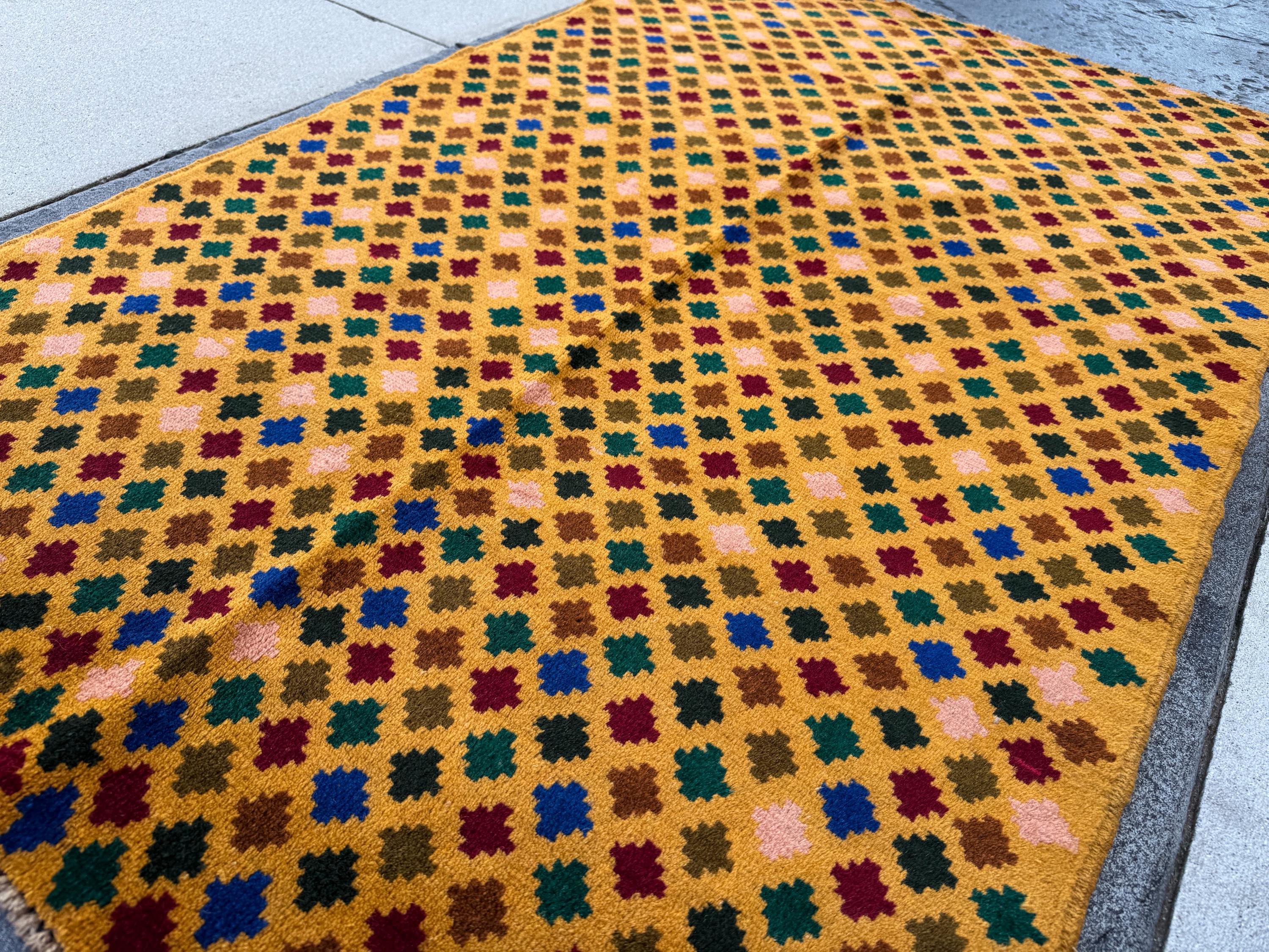 4x6 Handmade Vintage Afghan Baluch Rug | Mustard Gold Salmon Pink Peach Navy Blue Brick Red Forest Olive Green Copper Brown Black | Wool