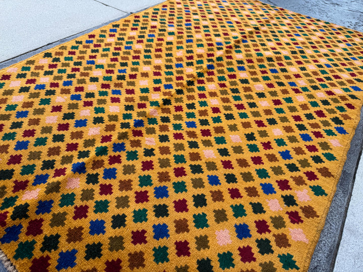 4x6 Handmade Vintage Afghan Baluch Rug | Mustard Gold Salmon Pink Peach Navy Blue Brick Red Forest Olive Green Copper Brown Black | Wool