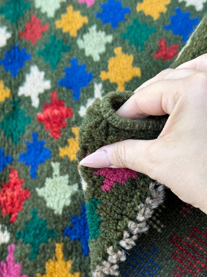 4x6 Handmade Vintage Afghan Baluch Rug | Pine Forest Mint Green Mustard Gold Brick Red White Rose Pink Navy Blue | Wool Flatwoven