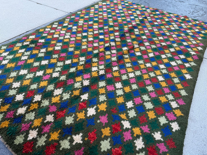 4x6 Handmade Vintage Afghan Baluch Rug | Pine Forest Mint Green Mustard Gold Brick Red White Rose Pink Navy Blue | Wool Flatwoven