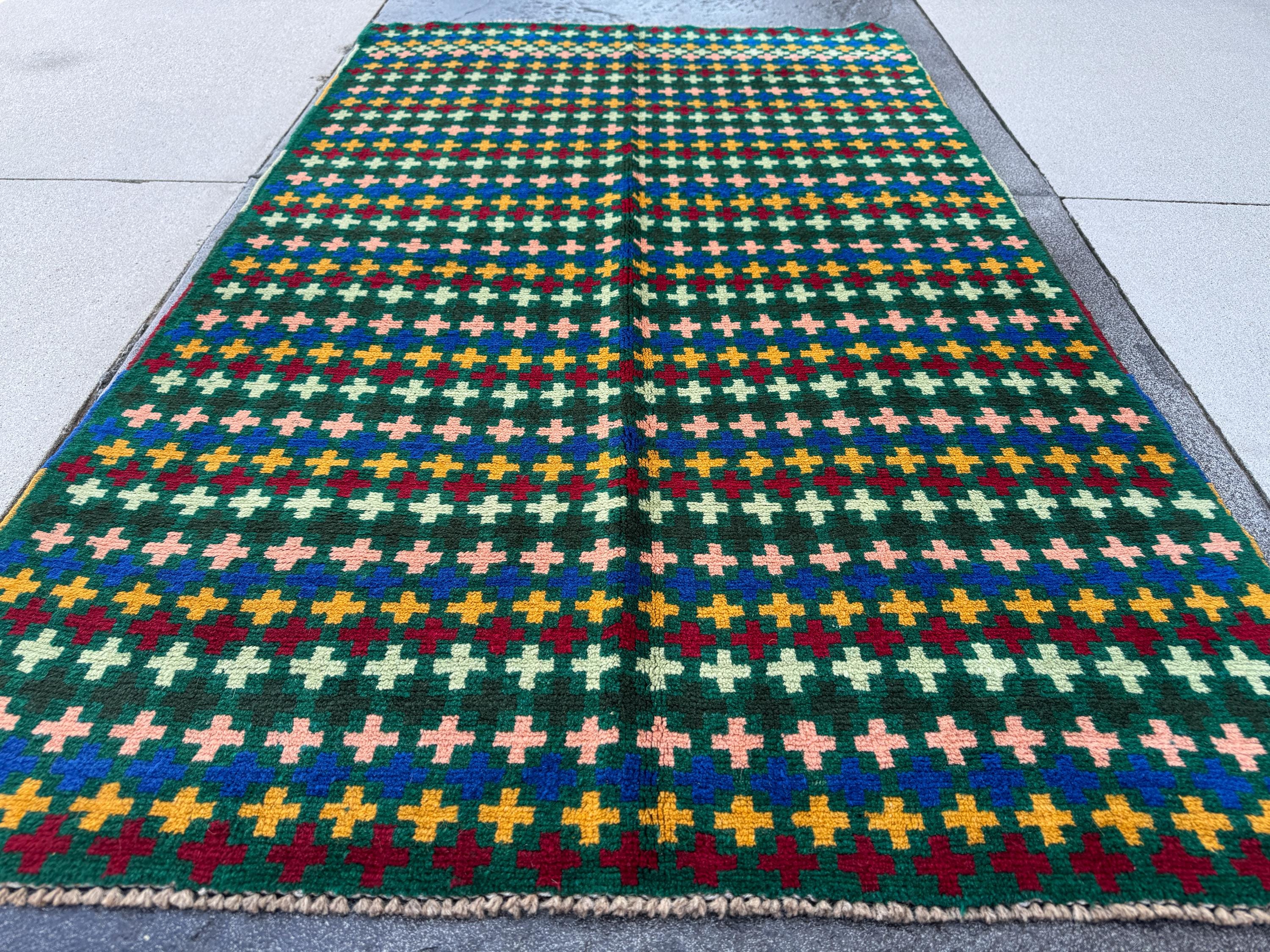 4x6 Handmade Vintage Afghan Baluch Rug | Forest Mint Green Brick Red Black Mustard Gold Navy Blue Salmon Pink Peach | Wool Flatwoven