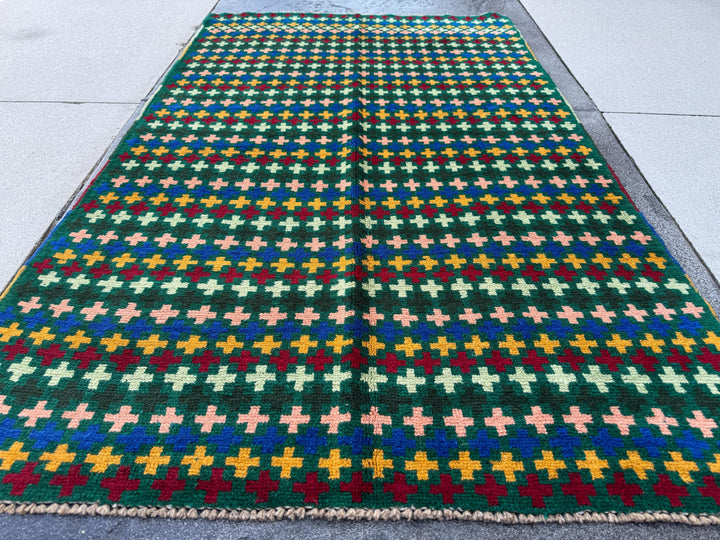 4x6 Handmade Vintage Afghan Baluch Rug | Forest Mint Green Brick Red Black Mustard Gold Navy Blue Salmon Pink Peach | Wool Flatwoven