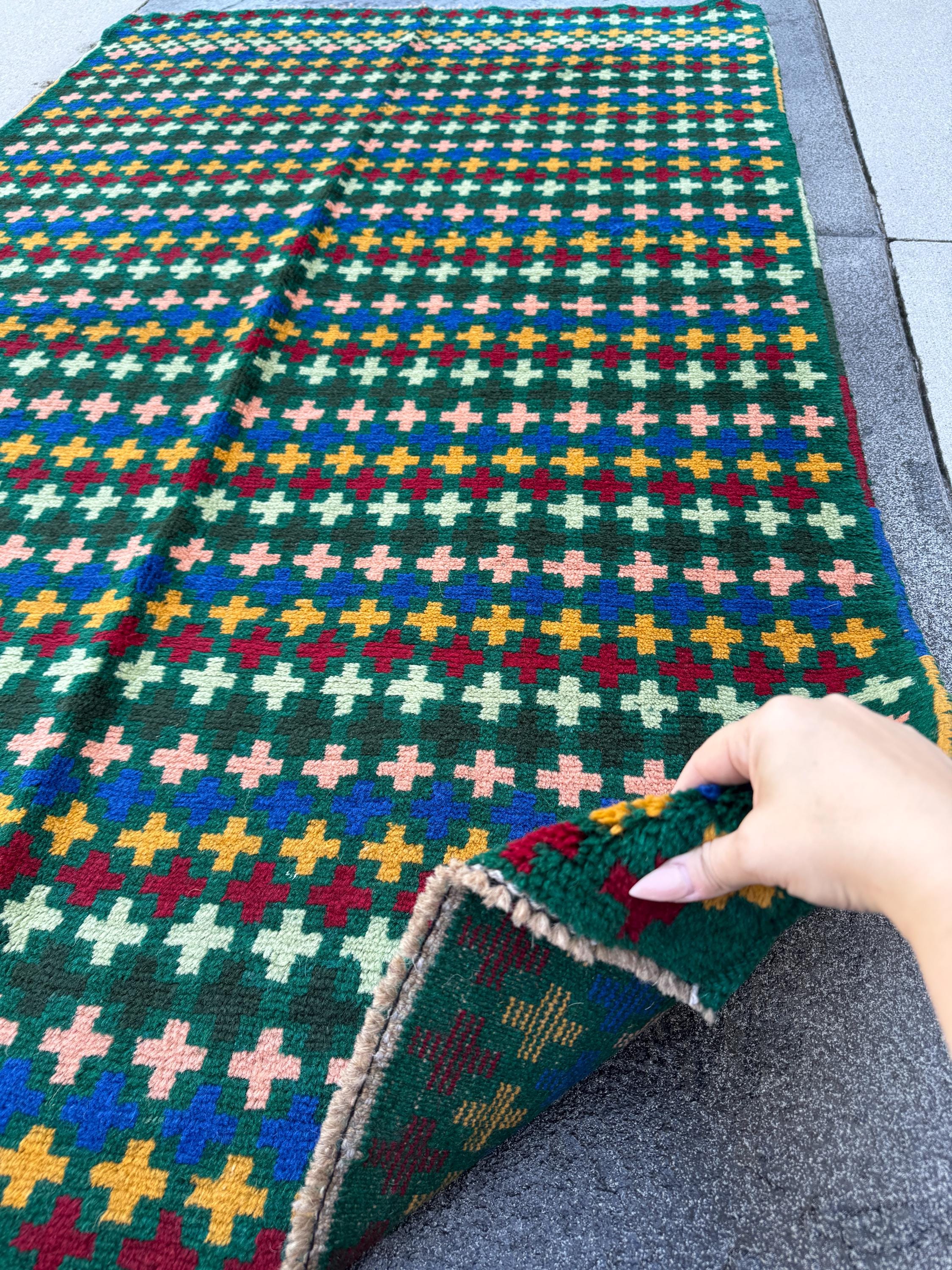 4x6 Handmade Vintage Afghan Baluch Rug | Forest Mint Green Brick Red Black Mustard Gold Navy Blue Salmon Pink Peach | Wool Flatwoven
