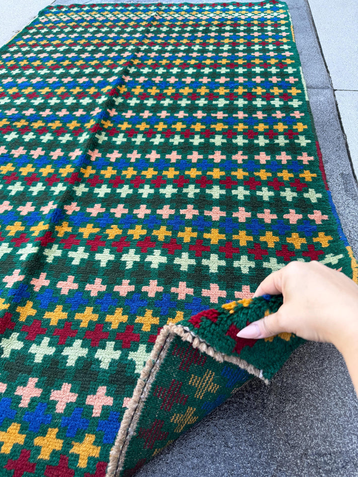4x6 Handmade Vintage Afghan Baluch Rug | Forest Mint Green Brick Red Black Mustard Gold Navy Blue Salmon Pink Peach | Wool Flatwoven