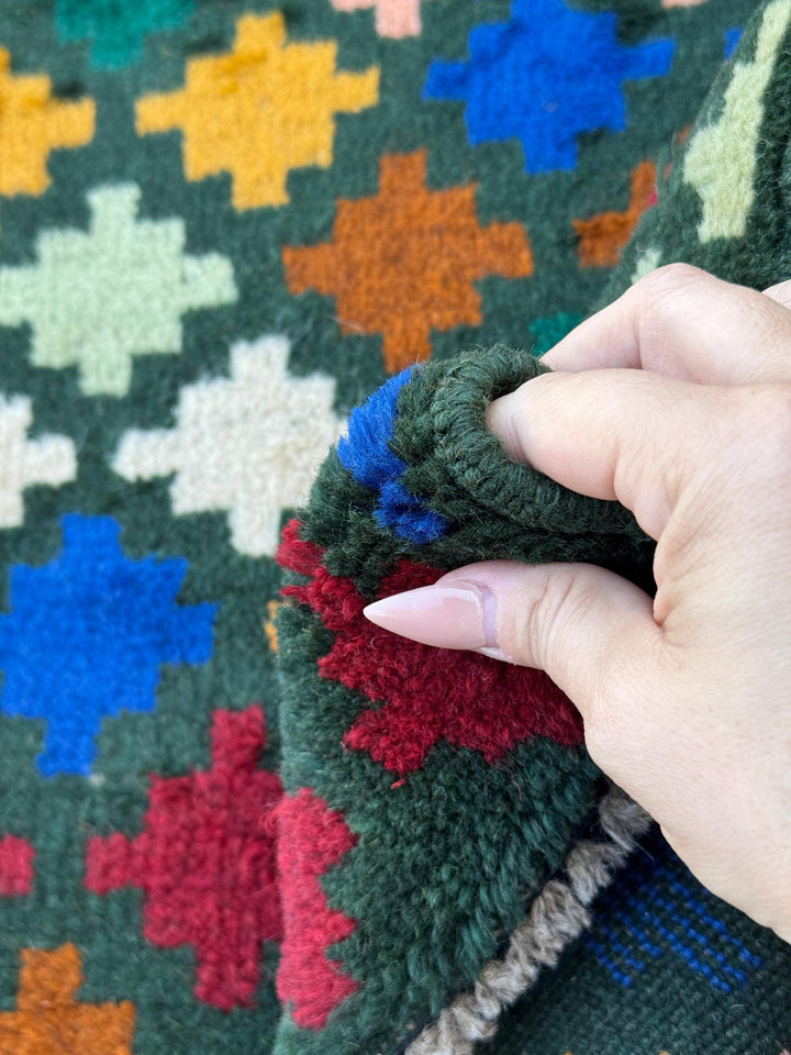 4x6 Handmade Vintage Afghan Baluch Rug | Pine Forest Mint Green Salmon Pink Peach Navy Blue Mustard Gold Brick Red Copper Brown White | Wool