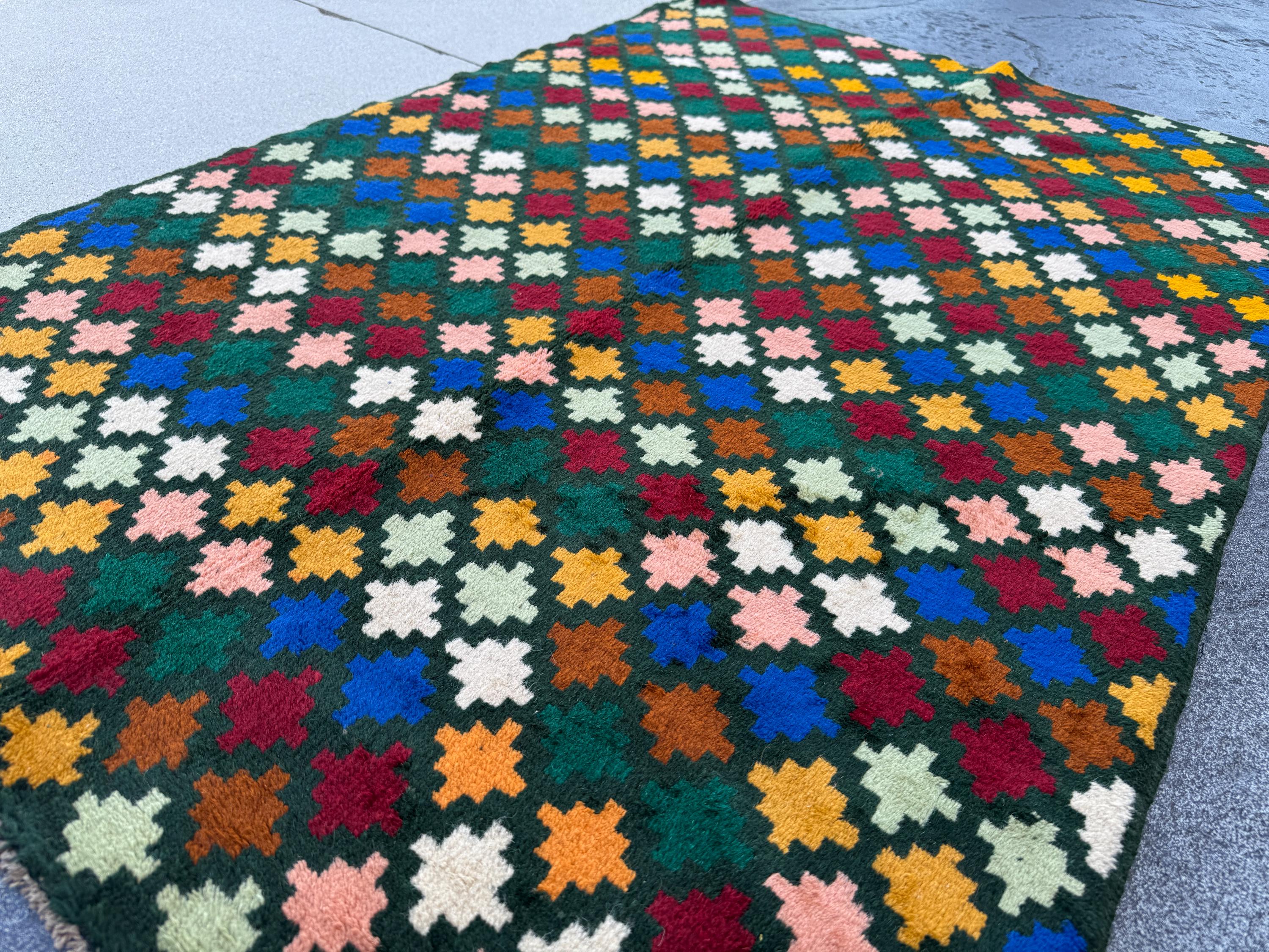 4x6 Handmade Vintage Afghan Baluch Rug | Pine Forest Mint Green Salmon Pink Peach Navy Blue Mustard Gold Brick Red Copper Brown White | Wool