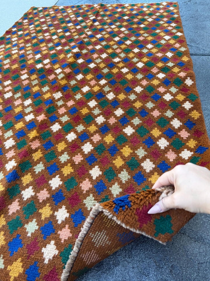 4x6 Handmade Vintage Afghan Baluch Rug | Chocolate Brown Pine Mint Green Navy Blue White Salmon Pink Peach Mustard Gold Brick Red | Wool
