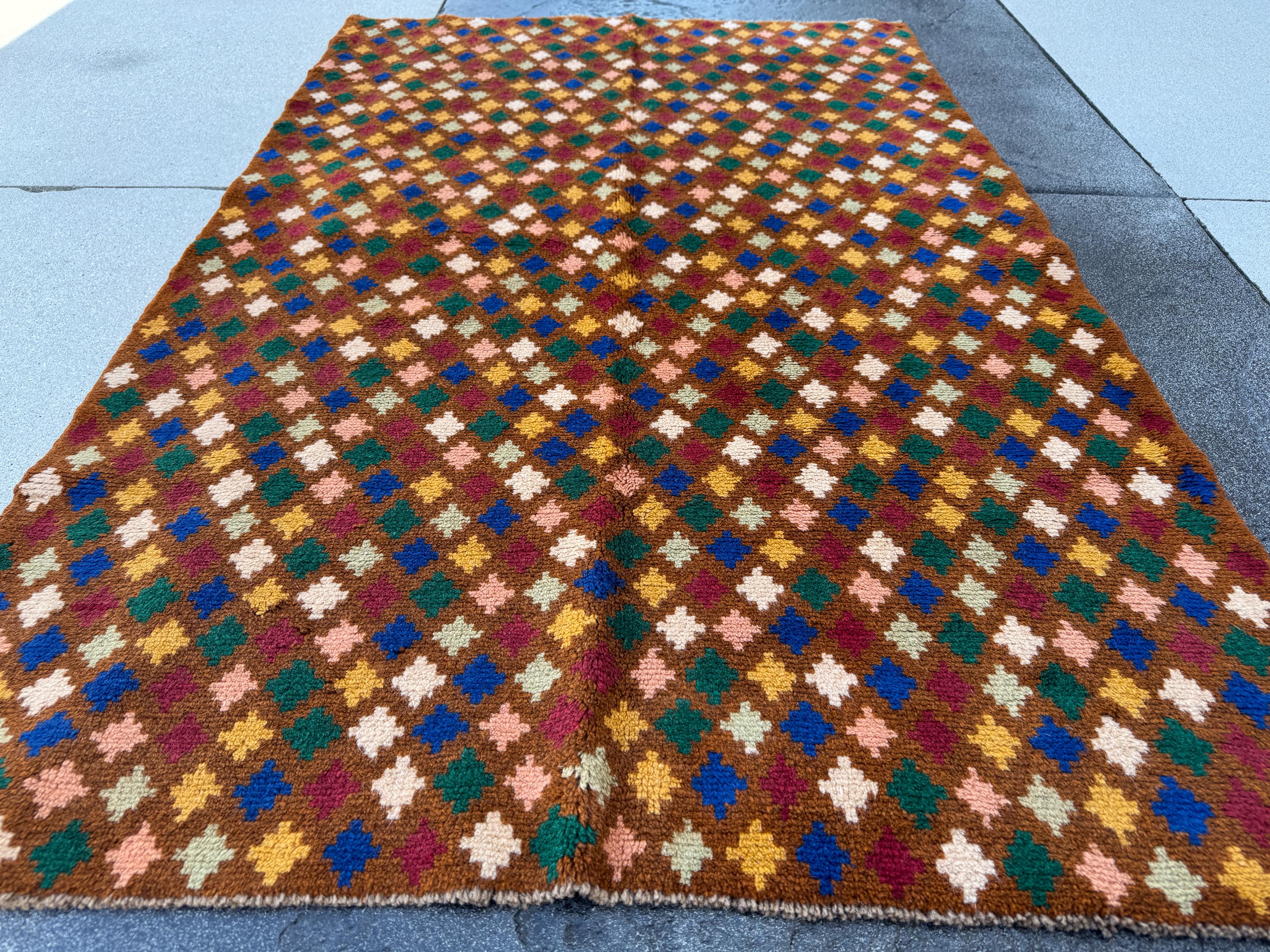 4x6 Handmade Vintage Afghan Baluch Rug | Chocolate Brown Pine Mint Green Navy Blue White Salmon Pink Peach Mustard Gold Brick Red | Wool
