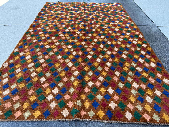 4x6 Handmade Vintage Afghan Baluch Rug | Chocolate Brown Pine Mint Green Navy Blue White Salmon Pink Peach Mustard Gold Brick Red | Wool